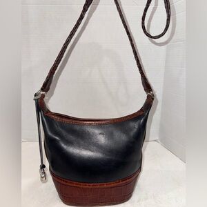 Brighton "Little Judy" Black Leather Brown Croc-Embossed Bucket Crossbody Bag